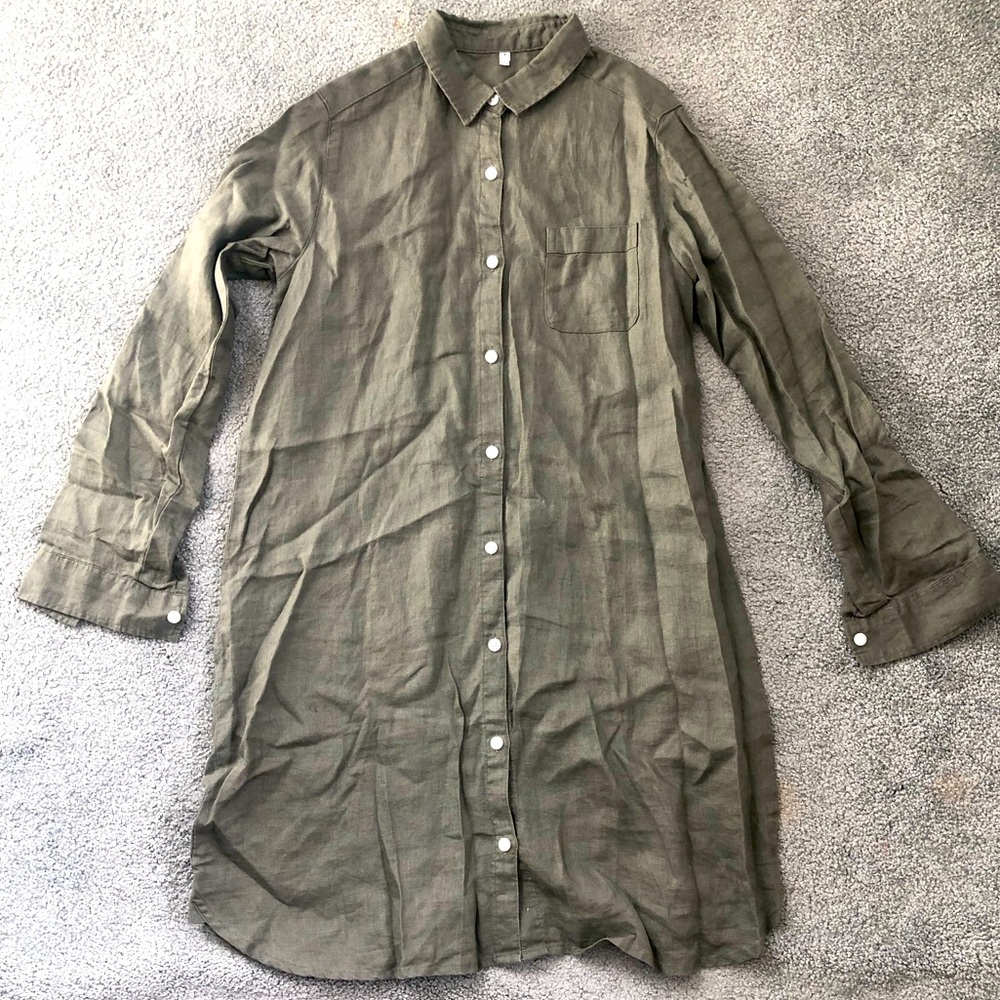 New MUJI women olive green linen collared shirtdress long sleeve dress S Small